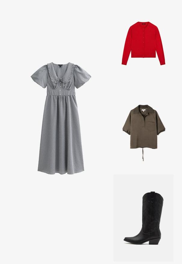 Rode gebreide cardigan met lange mouwen, ronde hals en knoopsluiting. Heeft een geribbelde zoom en manchetten. Soepele textuur.; Korte mouwen polo shirt in olijfgroen, met een kraag, een borstzak en een verstelbare koord aan de onderkant. Gemaakt van lichtgewicht stof.; Zwart-witte gingham jurk met korte pofmouwen, een brede halslijn, gathered taille en een rok tot op de knie. Heeft een strik in het midden.; Zwarte leren cowboylaars met spitse neus, lage gestapelde hak en een ingewikkeld geïmbossieerd bladerenpatroon op de schacht. Lus aan de bovenkant voor eenvoudig aantrekken.