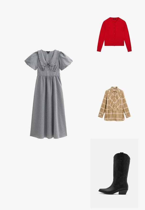 Red knitted cardigan with long sleeves, round neckline, and button closure. Features a ribbed hem and cuffs. Smooth texture.; Tan checkered long-sleeve shirt in lightweight fabric with white grid pattern. Features a pointed collar and central pleat detail.; Black and white gingham dress with short puff sleeves, a wide neckline, gathered waist, and a knee-length skirt. Features a bow at the center.; Black leather cowboy boot with pointed toe, low stacked heel, and intricate embossed leaf pattern on the shaft. Loop at the top for easy wear.