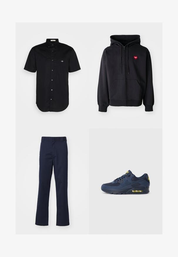 Schwarze Zip-Hoodie aus Baumwollmischung, mit einer Fronttasche und einem roten Herz-Logo auf der linken Brust. Glatte Textur, verstellbare Kordelzugkapuze.; Schwarzes kurzärmeliges Hemd aus Baumwolle, mit Button-down-Kragen, vorderer Tasche mit gesticktem Logo, geradem Saum und glatter Textur.; Marineblaue Hose aus Stoff, mit geradem Bein, Gürtelschlaufen und einem sauberen Finish am Saum. Keine sichtbaren Muster oder Akzente.; Dunkelblaue Nike Air Max Sneaker mit Obermaterial aus Wildleder und Mesh, ausgestattet mit gelben Akzenten, Schnürung vorne und sichtbarer Luftpolsterung in der Sohle.