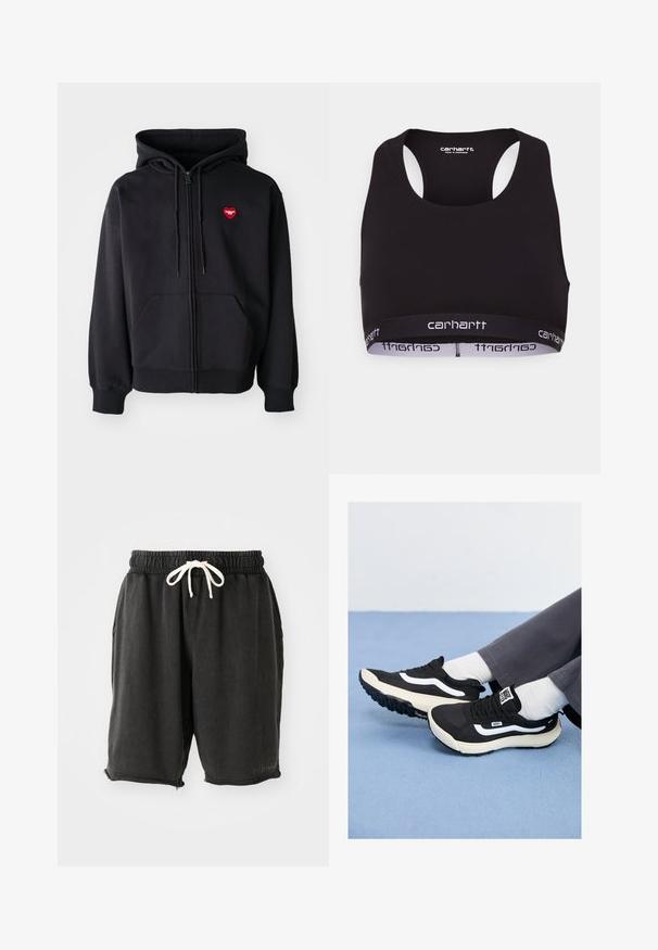 Schwarze Zip-Hoodie aus Baumwollmischung, mit einer Fronttasche und einem roten Herz-Logo auf der linken Brust. Glatte Textur, verstellbare Kordelzugkapuze.; Schwarzer Sport-BH mit rundem Ausschnitt und Racing-Rücken-Design. Verfügt über einen verstärkten Bund mit weißem "Carhartt"-Branding. Weicher Stoff.; Schwarze Baumwollshorts mit elastischem Bund und weißem Kordelzug. Besitzt seitliche Taschen und einen unvollendeten Saum mit kleinen Reißverschlussdetails.; Schwarze Sneaker mit weißen Akzenten, aus Mesh- und Gummimaterialien, mit einer strukturierten Sohle und Fersenschlaufe. Getragen mit weißen Socken und grauen Hosen.
