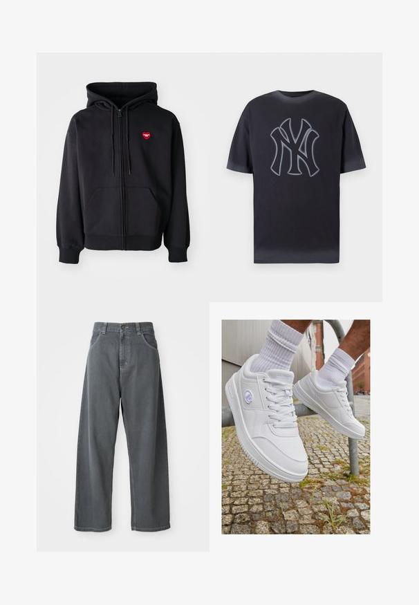Fekete cipzáras kapucnis pulóver, pamut keverékből készült, elülső zsebbel és piros szív logóval a bal mell részen. Zökkenőmentes textura, állítható húzózsinóros kapucni.; Sötétszürke pamut póló, domináns szürke NYC logóval a középen. Rövid ujjú és klasszikus környakú dizájn.; Szürke farmer széles lábú nadrág magas derékkal, elülső zsebekkel, övhurkokkal és gombos záródással a derékban.; Fehér edzőcipők sima szintetikus felsőrésszel, fűzős kialakítással, párnázott bokapánttal és logó részlettel az oldalon, köves háttér előtt.