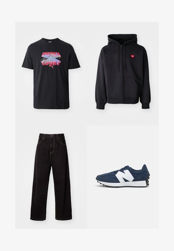 Fato com fecho éclair preto feito de mistura de algodão, apresentando um bolso frontal e um logo de coração vermelho no lado esquerdo do peito. Textura suave, capuz com cordão ajustável.; T-shirt preta de manga curta feita de algodão, com uma estampagem gráfica colorida que diz "PUMA Forever Legends SPORT."; Calças de ganga largas pretas com costura contrastante, design de cinco bolsos e fecho frontal com botão. Textura suave e tecido resistente.; Ténis atléticos azul-marinho com logótipo branco, parte superior em camurça e malha, apresentando um colar acolchoado, atacadores planos e sola texturizada em borracha preta.