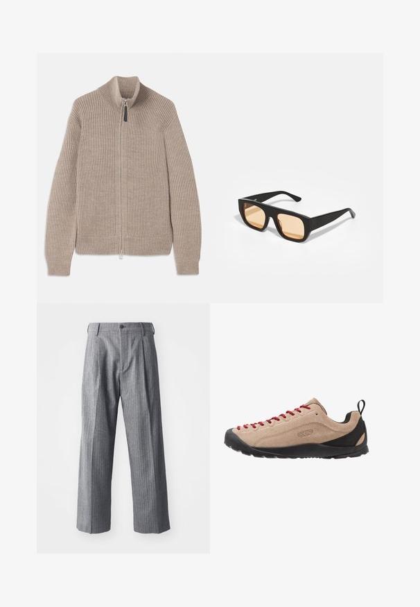 Pull zip en maille beige avec texture côtelée, col haut et manches longues. Doté d'une fermeture éclair métallique et sans motifs supplémentaires.; Chemise noire à manches longues, fabriquée dans un matériau brillant et lisse. Dotée d'un col classique et d'une patte de boutonnage visible.; NN.07 JUSTIN - Pantalon classique - grey; Baskets basses en suede beige avec des lacets rouges, semelle en caoutchouc noir et accents en mesh près du talon pour la respirabilité et le confort.; Lunettes de soleil carrées noires avec des verres teintés orange. Fini mat avec des montures épaisses. Branches droites sans embellissements.; Sac en cuir noir avec fermeture à cordon, texture douce, forme arrondie et logo doré minimaliste sur le côté. Comprend une bandoulière.