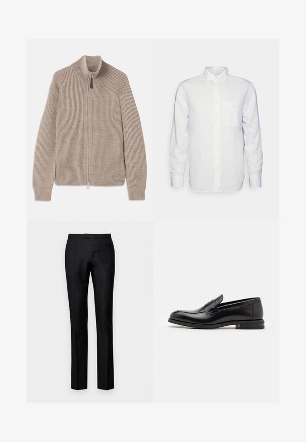 Beige knitted zip-up sweater with ribbed texture, high collar, and long sleeves. Features a metallic zipper and no additional patterns.; Long-sleeve white shirt made of cotton, featuring a button-down collar, front pocket, and regular fit. Textured fabric with a smooth surface.; Black tailored trousers with a smooth texture, straight leg design, a zip fly, and standard waist, featuring subtle front pockets.; Black leather loafers with a smooth texture, rounded toe, and a decorative strap across the vamp. Low stacked heel, minimalist design.