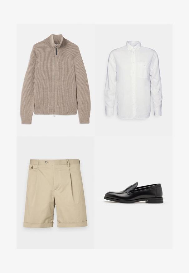 Μπεζ πλεκτή φανέλα με φερμουάρ, με ραβδωτή υφή, ψηλό γιακά και μακριά μανίκια. Διαθέτει μεταλλικό φερμουάρ και χωρίς επιπλέον σχέδια.; Λευκό πουκάμισο μακρυμάνικο από βαμβάκι, με κολάρο που κουμπώνει, μπροστινή τσέπη και κανονική εφαρμογή. Υφασμάτινη επιφάνεια με υφή και λεία όψη.; Μπεζ σορτς κατασκευασμένα από μείγμα βαμβακιού, με πιέτες μπροστά, κλείσιμο με κουμπί και γυρισμένα μανίκια για επιπλέον σχεδιαστική λεπτομέρεια.; Μαύρες δερμάτινες μπαλαρίνες με λεία υφή, στρογγυλή μύτη και διακοσμητική ταινία πάνω από το επάνω μέρος. Χαμηλός καπιτώνας, μινιμαλιστικός σχεδιασμός.