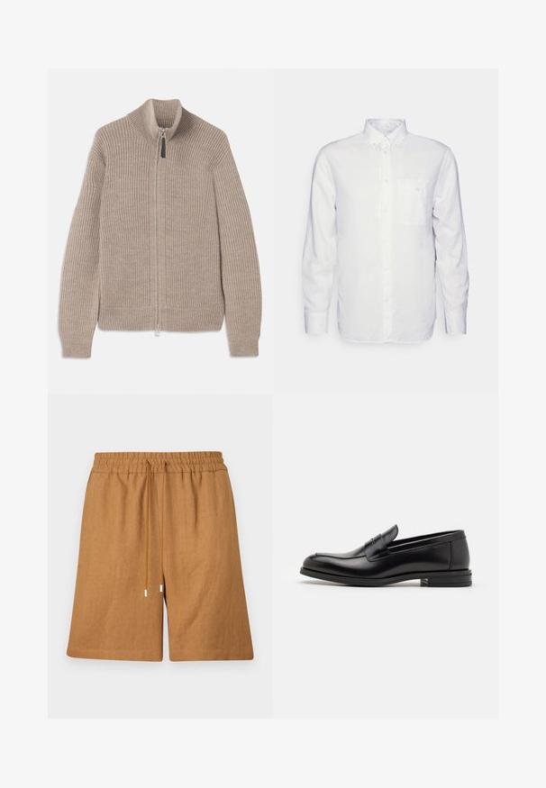 Bež kudumatega tõmblukuga sviitri, millel on ribade struktuur, kõrge krae ja pikad varrukad. Omab metallist tõmblukku ja ei sisalda lisamustreid.; Pikkade varrukatega valge puuvillane särk, millel on nööbitav krae, eesmine tasku ja tavaline lõike. Tekstureeritud kangas, mille pind on sile.; Pruun linasest kangast lühikesed püksid elastse vöökoha, nööri sulgemise ja vabalt istuva lõikega. Omavad sileda tekstuuri ja õmmeldud ääriseid.; Mustad mustad nahast loafers sileda tekstuuriga, ümarat ninaosa ja dekoratiivne riba vampi üle. Madal kihiline konts, minimalistlik disain.