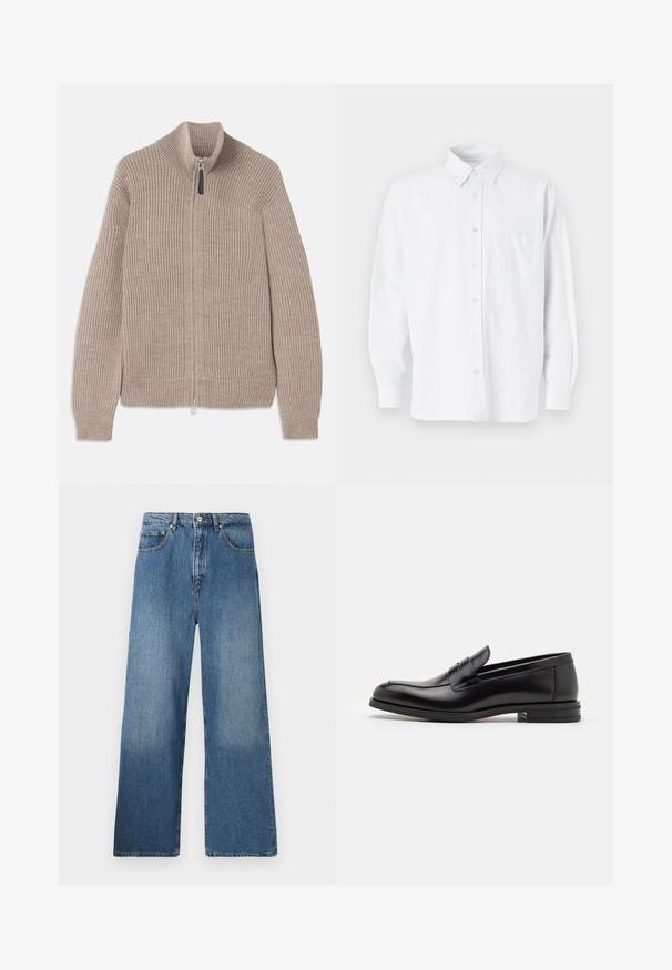 Bežinė megzta užtrauktuku užsegama megztinė, su raukšlėta tekstūra, aukštu apykaklės ir ilgomis rankovėmis. Sukurta su metaliniu užtrauktuku ir be papildomų raštų.; Balta mygtukinė marškiniai su apykakle, turinti subtilias vertikalias juosteles, ilgomis rankovėmis, krūtinės kišene ir klasikiniais apvaliais kraštais.; Plati blauji džinsai su klasikinio penkių kišenių dizainu, priekyje su mygtuko uždarymu ir šiek tiek išblukusių Detalių.; Juodos odinės loafers, turinčios lygų paviršių, apvalią noselę ir dekoratyvinę juostą per priekinę dalį. Žemas krentantis kulnas, minimalistinis dizainas.
