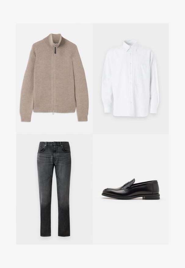 Beige knitted zip-up sweater with ribbed texture, high collar, and long sleeves. Features a metallic zipper and no additional patterns.; White button-up shirt with a collar, featuring subtle vertical stripes, long sleeves, a chest pocket, and classic rounded hem.; Black denim jeans with a straight cut, five-pocket design, and subtle fade. Features a button closure and belt loops. Smooth texture.; Black leather loafers with a smooth texture, rounded toe, and a decorative strap across the vamp. Low stacked heel, minimalist design.