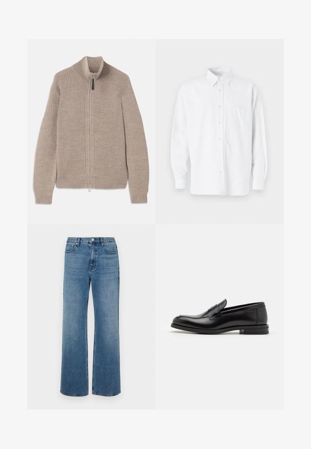 Maglione beige in maglia con zip, texture a coste, colletto alto e maniche lunghe. Presenta una zip metallica e nessun motivo aggiuntivo.; Camicia bianca con colletto, dotata di sottili righe verticali, maniche lunghe, taschino sul petto e orlo arrotondato classico.; Jeans a gamba larga blu in denim con una finitura sbiadita. Presentano cinque tasche, una chiusura con bottone frontale e una vestibilità dritta.; Mocassini neri in pelle con una texture liscia, punta arrotondata e una striscia decorativa sulla tomaia. Tacco basso impilato, design minimalista.