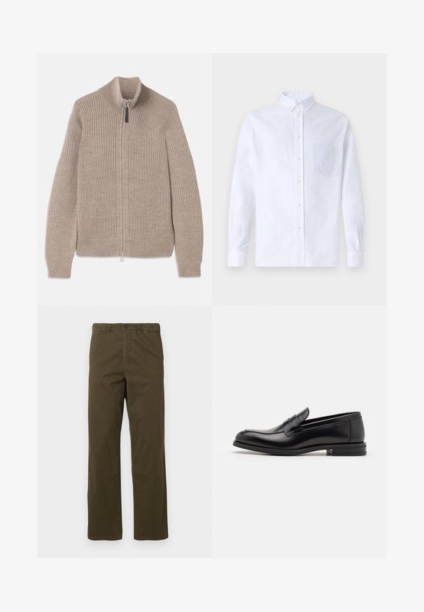 Maglione beige in maglia con zip, texture a coste, colletto alto e maniche lunghe. Presenta una zip metallica e nessun motivo aggiuntivo.; Camicia bianca a maniche lunghe con bottoni, realizzata in cotone, caratterizzata da una tasca sul petto con ricamo tonale, colletto e polsini con bottoni.; Pantaloni in cotone marroni dritti da uomo con passanti per cintura, bottone anteriore e chiusura con zip su uno sfondo chiaro.; Mocassini neri in pelle con una texture liscia, punta arrotondata e una striscia decorativa sulla tomaia. Tacco basso impilato, design minimalista.