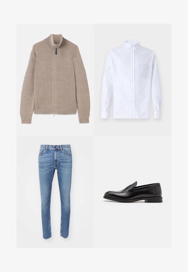 Béžový pletený svetr na zip s žebrovanou strukturou, vysokým límcem a dlouhými rukávy. Obsahuje kovový zip a žádné další vzory.; Bílá dlouhá košile s knoflíky vyrobená z bavlny, která má náprsní kapsu s tónovanou výšivkou, límec a knoflíkové manžety.; Modré džíny s úzkým střihem, pětioký design a jemné detaily v prvku vymývání. Obsahují zapínání na knoflík a kontrastní švy.; Černé kožené polobotky s hladkou texturou, zaoblenou špičkou a zdobným páskem přes nárt. Nízký stohovaný podpatek, minimalistický design.