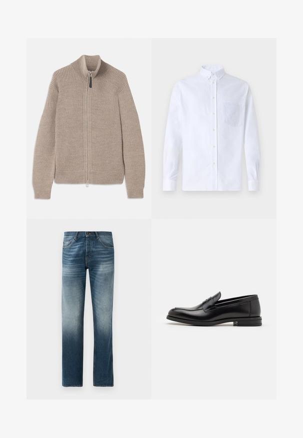 Beige neulevetokki, jossa on ribattu pinta, korkea kaulus ja pitkät hihat. Varustettu metallivetoketjulla eikä muita kuvioita.; Valkoinen pitkähihaista napillista paitaa, joka on valmistettu puuvillasta. Paita sisältää rinnan kohdalla taskun, jossa on samaa sävyä oleva brodeeraus, kauluksen sekä napilliset hihansuut.; Tummansininen farkkuhousut, suora sääntö. Ominaisuuksia viisi taskua, normaali vyötärö vyölenkeillä ja metallinappi kiinnitys.; Mustat nahkakengät, joissa on sileä pinta, pyöreä kärki ja koristeellinen nauha jalkapöydän yli. Matala pinoitu koroke, minimalistinen muotoilu.