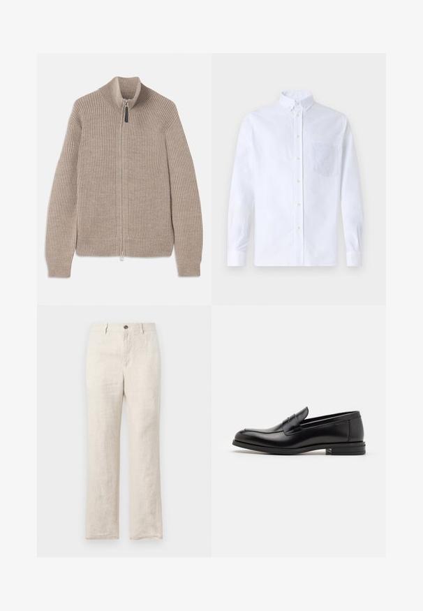 Beige gestrickter Reißverschluss-Pullover mit gerippter Textur, hohem Kragen und langen Ärmeln. Verfügt über einen metallischen Reißverschluss und keine weiteren Muster.; Weißes Langarm-Hemd mit Knöpfen aus Baumwolle, ausgestattet mit einer Brusttasche mit tonalem Stickerei, einem Kragen und Knopfmanschetten.; Leinenhose in hellem Beige, mit geradem Bein, Fronttaschen und einem einzigen Knopfverschluss an der Taille.; Schwarze Lederloafers mit glatter Textur, rundem Zehenbereich und einem dekorativen Riemen über dem Vorderfuß. Niedriger, gestapelter Absatz, minimalistisches Design.