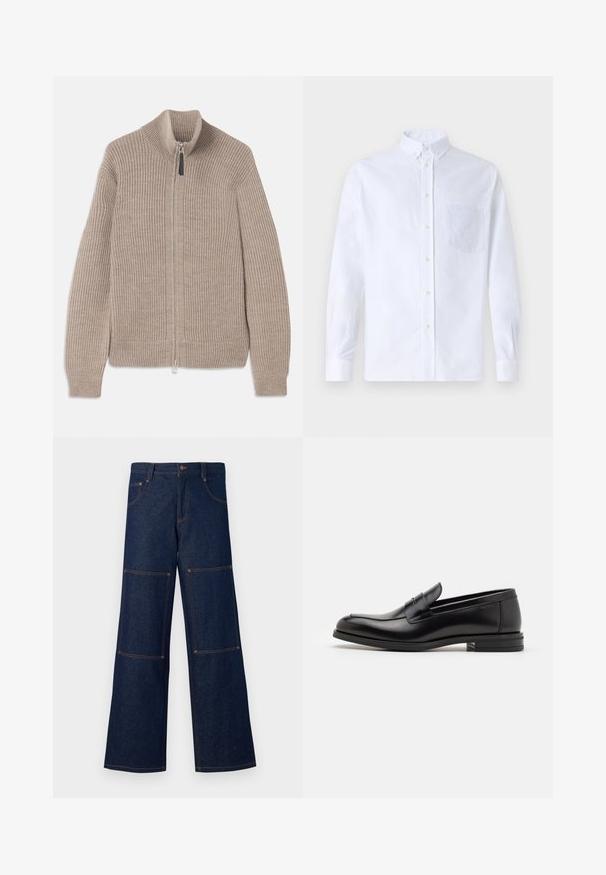 Béžový pletený sveter na zips s ryhovanou textúrou, vysokým golierom a dlhými rukávmi. Má kovový zips a žiadne ďalšie vzory.; Biely dlhý rukáv košeľa s gombíkmi vyrobená z bavlny, s náprsného vrecka s tonálnou výšivkou, golierom a gombíkovými manžetami.; Tmavomodré džínsy s širokými nohavicami a kontrastným oranžovým šitím, ktoré majú veľké nášivkové vrecká na každej nohe a zapínanie na gombík v páse.; Čierne kožené mokasíny s hladkou textúrou, zaoblenou špičkou a dekoračným pásikom cez priehlavok. Nízky vrstvený opätok, minimalistický dizajn.