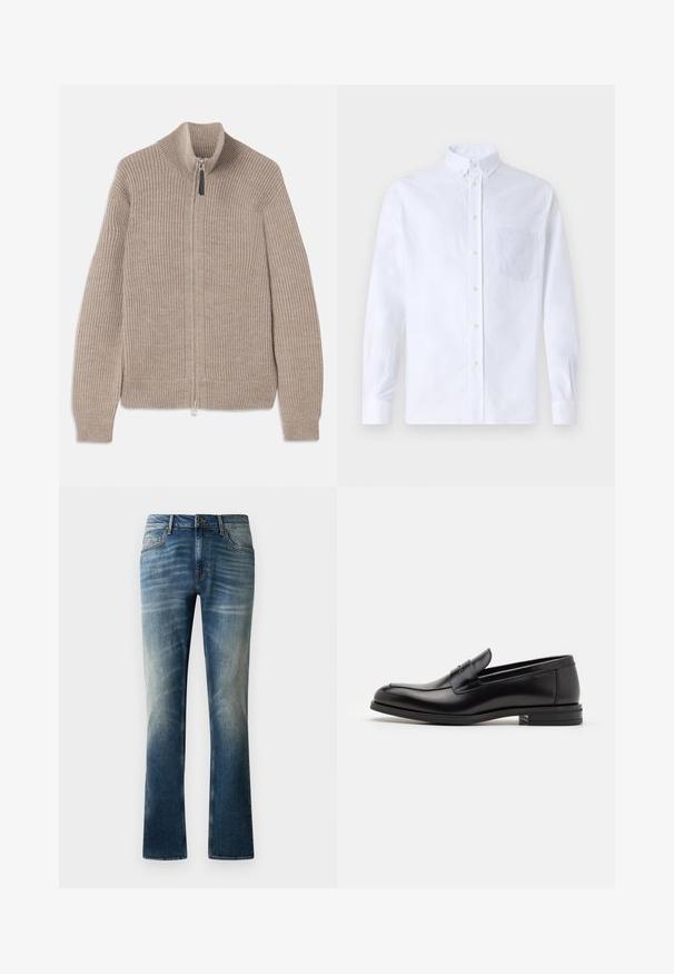 Bežinė megzta užtrauktuku užsegama megztinė, su raukšlėta tekstūra, aukštu apykaklės ir ilgomis rankovėmis. Sukurta su metaliniu užtrauktuku ir be papildomų raštų.; Balta ilga rankovė mygtukų marškiniai, pagaminti iš medvilnės, su krūtine kišene ir toniniu siuvinėjimu, apykakle ir mygtukų apvadu.; Mėlyni džinsai su tiesiais džinsais, pasižymintys išblukusiu tonu, penkiomis kišenėmis ir ruda sagte juosmens srityje.; Juodos odinės loafers, turinčios lygų paviršių, apvalią noselę ir dekoratyvinę juostą per priekinę dalį. Žemas krentantis kulnas, minimalistinis dizainas.
