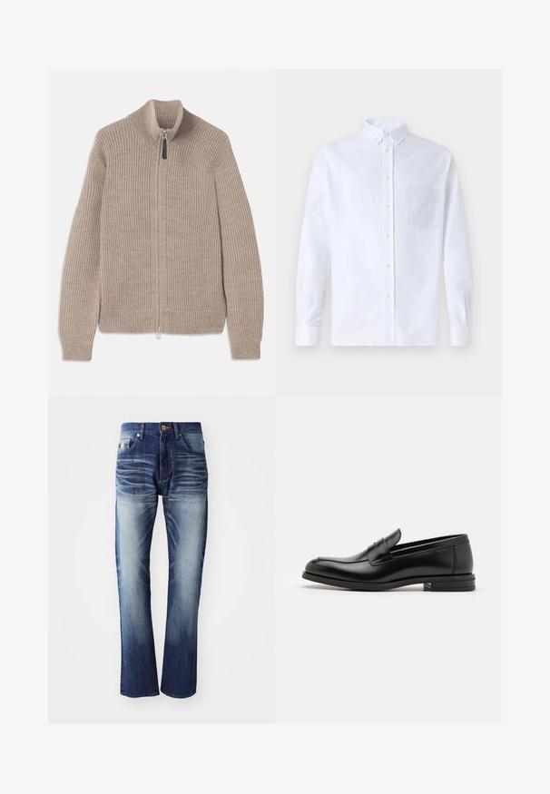 Bežinė megzta užtrauktuku užsegama megztinė, su raukšlėta tekstūra, aukštu apykaklės ir ilgomis rankovėmis. Sukurta su metaliniu užtrauktuku ir be papildomų raštų.; Balta ilga rankovė mygtukų marškiniai, pagaminti iš medvilnės, su krūtine kišene ir toniniu siuvinėjimu, apykakle ir mygtukų apvadu.; Džinsiniai džinsai, pereinantys nuo tamsiai mėlynos iki šviesiai mėlynos, su penkiomis kišenėmis, mygtuko uždarymu ir subtiliais nusidėvėjimo akcentais ant šlaunų.; Juodos odinės loafers, turinčios lygų paviršių, apvalią noselę ir dekoratyvinę juostą per priekinę dalį. Žemas krentantis kulnas, minimalistinis dizainas.