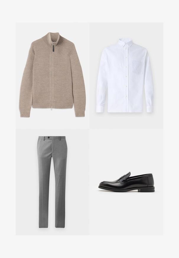 Beige kötött zipzáras pulóver bordás textúrával, magas nyakkal és hosszú ujjal. Fémzipzárral rendelkezik, és nincs rajta további minta.; Fehér, hosszú ujjú, gombos ing pamutból, mellzsebbel, tónusos hímzéssel, gallérral és gombos mandzsettával.; Világosszürke szabott nadrág sima anyagból, egyenes szabású, elöl hajtással és egymagában záródó gombbal a derékon.; Fekete bőr loaferek sima textúrával, kerek orral és dekoratív pánttal a vampnál. Alacsony, rétegelt sarkú, minimalista dizájn.