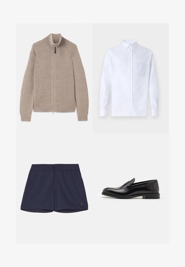 Bežinė megzta užtrauktuku užsegama megztinė, su raukšlėta tekstūra, aukštu apykaklės ir ilgomis rankovėmis. Sukurta su metaliniu užtrauktuku ir be papildomų raštų.; Balta ilga rankovė mygtukų marškiniai, pagaminti iš medvilnės, su krūtine kišene ir toniniu siuvinėjimu, apykakle ir mygtukų apvadu.; Ron Dorff TENNIS - Šortai - navy; Juodos odinės loafers, turinčios lygų paviršių, apvalią noselę ir dekoratyvinę juostą per priekinę dalį. Žemas krentantis kulnas, minimalistinis dizainas.