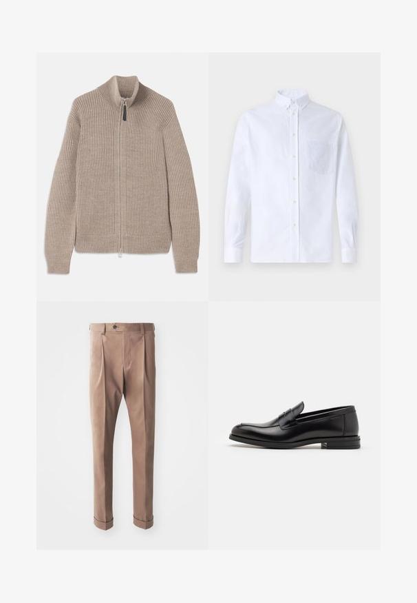 Bež pleteni dukserica sa patentnim zatvaračem, rebrastom teksturom, visokim ovratnikom i dugim rukavima. Ima metalni patentni zatvarač i nema dodatnih uzoraka.; Bijela košulja s dugim rukavima na dugme, izrađena od pamuka, s džepom na prsima s ton-sur-ton vezom, ovratnikom i dugmadi na manžetama.; Kaki hlače od teksturirane tkanine, s visokim strukom, nabranim detaljima i zarolanim manžetama, te jednim kopčanjem na struku.; Crni kožni mokasini s glatkom teksturom, zaobljenim prstima i ukrasnom trakom preko prednjeg dijela. Niski slojeviti potplat, minimalistički dizajn.