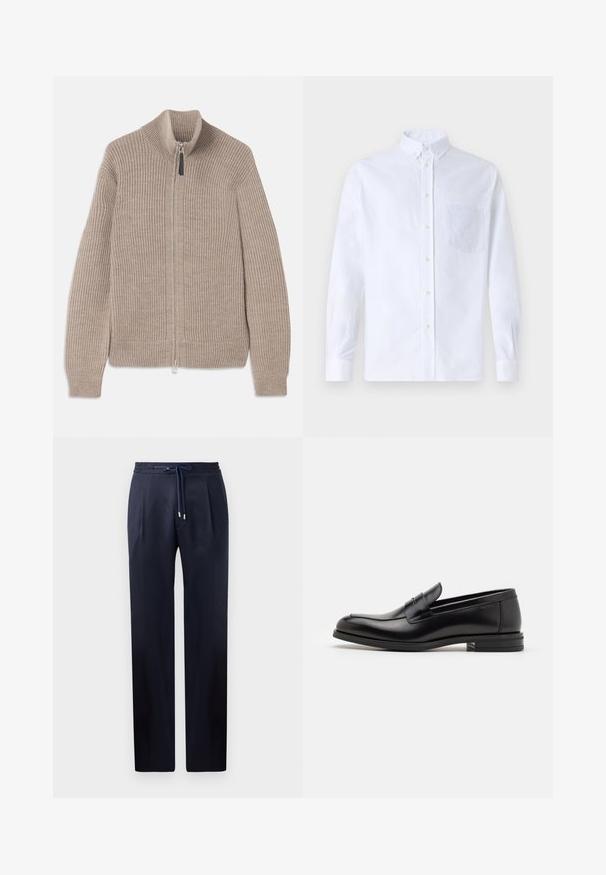 Maglione beige in maglia con zip, texture a coste, colletto alto e maniche lunghe. Presenta una zip metallica e nessun motivo aggiuntivo.; Camicia bianca a maniche lunghe con bottoni, realizzata in cotone, caratterizzata da una tasca sul petto con ricamo tonale, colletto e polsini con bottoni.; Pantaloni blu navy con vestibilità rilassata, elastico in vita e chiusura con cordino. Presentano due pince frontali e gambe dritte senza tasche.; Mocassini neri in pelle con una texture liscia, punta arrotondata e una striscia decorativa sulla tomaia. Tacco basso impilato, design minimalista.