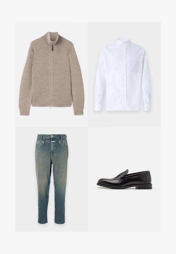 Beige knitted zip-up sweater with ribbed texture, high collar, and long sleeves. Features a metallic zipper and no additional patterns.; White long-sleeve button-up shirt made of cotton, featuring a chest pocket with tonal embroidery, a collar, and button cuffs.; Denim jeans in faded blue, straight fit with a high waist. Features belt loops, five pockets, and metal button closure. Slightly distressed texture.; Black leather loafers with a smooth texture, rounded toe, and a decorative strap across the vamp. Low stacked heel, minimalist design.