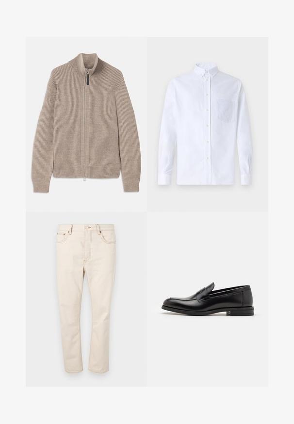 Beige knitted zip-up sweater with ribbed texture, high collar, and long sleeves. Features a metallic zipper and no additional patterns.; White long-sleeve button-up shirt made of cotton, featuring a chest pocket with tonal embroidery, a collar, and button cuffs.; Beige denim jeans with a straight-leg cut, featuring five pockets, contrasting stitching, and a button closure at the waistband.; Black leather loafers with a smooth texture, rounded toe, and a decorative strap across the vamp. Low stacked heel, minimalist design.