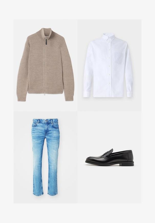 Bež pleteni dukserica sa patentnim zatvaračem, rebrastom teksturom, visokim ovratnikom i dugim rukavima. Ima metalni patentni zatvarač i nema dodatnih uzoraka.; Bijela košulja s dugim rukavima na dugme, izrađena od pamuka, s džepom na prsima s ton-sur-ton vezom, ovratnikom i dugmadi na manžetama.; Plave traperice s izblijedjelim pranjem, ravnog kroja i sirovim rubom. Imaju pet džepova i detalje s metalnim gumbima.; Crni kožni mokasini s glatkom teksturom, zaobljenim prstima i ukrasnom trakom preko prednjeg dijela. Niski slojeviti potplat, minimalistički dizajn.