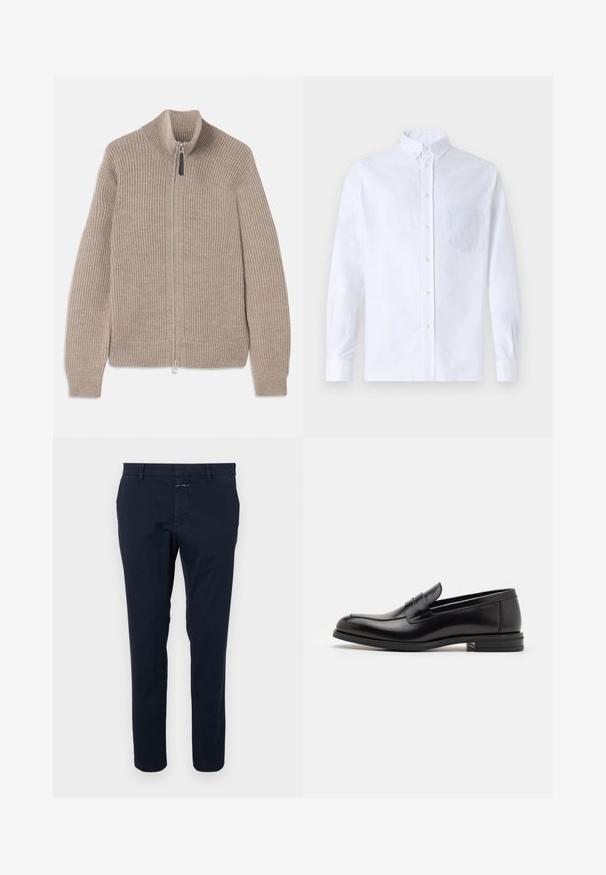 Bežinė megzta užtrauktuku užsegama megztinė, su raukšlėta tekstūra, aukštu apykaklės ir ilgomis rankovėmis. Sukurta su metaliniu užtrauktuku ir be papildomų raštų.; Balta ilga rankovė mygtukų marškiniai, pagaminti iš medvilnės, su krūtine kišene ir toniniu siuvinėjimu, apykakle ir mygtukų apvadu.; Tamsiai mėlynos medvilninės kelnės, siauras fasonas, plokščias priekinis raštas ir užtrauktukas. Pasižymi šoninėmis kišenėmis ir viena galine kišene su maža prekės etikete.; Juodos odinės loafers, turinčios lygų paviršių, apvalią noselę ir dekoratyvinę juostą per priekinę dalį. Žemas krentantis kulnas, minimalistinis dizainas.