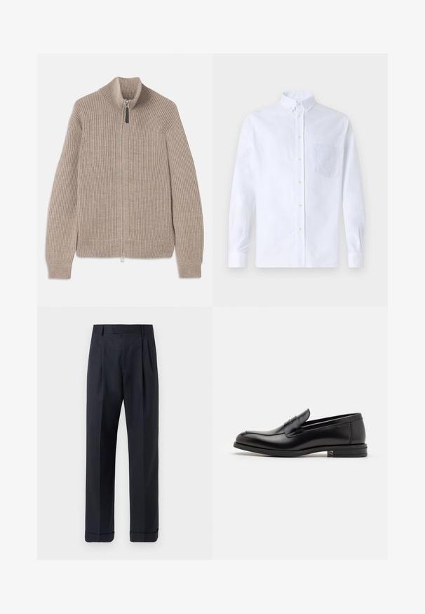 Beige knitted zip-up sweater with ribbed texture, high collar, and long sleeves. Features a metallic zipper and no additional patterns.; White long-sleeve button-up shirt made of cotton, featuring a chest pocket with tonal embroidery, a collar, and button cuffs.; Tiger of Sweden TREYTON - Trousers - dark ink; Black leather loafers with a smooth texture, rounded toe, and a decorative strap across the vamp. Low stacked heel, minimalist design.