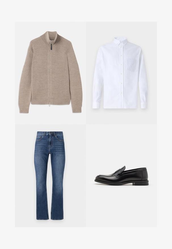 Maglione beige in maglia con zip, texture a coste, colletto alto e maniche lunghe. Presenta una zip metallica e nessun motivo aggiuntivo.; Camicia bianca a maniche lunghe con bottoni, realizzata in cotone, caratterizzata da una tasca sul petto con ricamo tonale, colletto e polsini con bottoni.; Jeans in denim blu con taglio dritto, dotati di tasche standard e vita cucita, presentano un lavaggio medio e leggere sfumature.; Mocassini neri in pelle con una texture liscia, punta arrotondata e una striscia decorativa sulla tomaia. Tacco basso impilato, design minimalista.