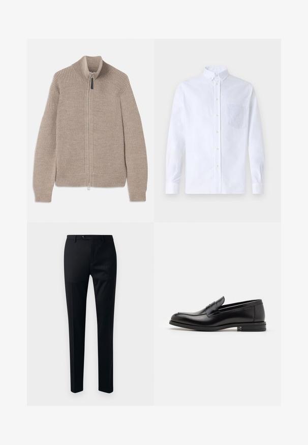 Beige knitted zip-up sweater with ribbed texture, high collar, and long sleeves. Features a metallic zipper and no additional patterns.; White long-sleeve button-up shirt made of cotton, featuring a chest pocket with tonal embroidery, a collar, and button cuffs.; Black dress pants featuring a smooth fabric, tapered leg design, single button closure, and side pockets for utility.; Black leather loafers with a smooth texture, rounded toe, and a decorative strap across the vamp. Low stacked heel, minimalist design.