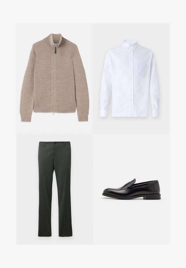 Beige neulevetokki, jossa on ribattu pinta, korkea kaulus ja pitkät hihat. Varustettu metallivetoketjulla eikä muita kuvioita.; Valkoinen pitkähihaista napillista paitaa, joka on valmistettu puuvillasta. Paita sisältää rinnan kohdalla taskun, jossa on samaa sävyä oleva brodeeraus, kauluksen sekä napilliset hihansuut.; Tummanvihreät juhlahousut, joissa on vyölenkit, edessä nappikiinnitys ja suora lahkeensuut.; Mustat nahkakengät, joissa on sileä pinta, pyöreä kärki ja koristeellinen nauha jalkapöydän yli. Matala pinoitu koroke, minimalistinen muotoilu.