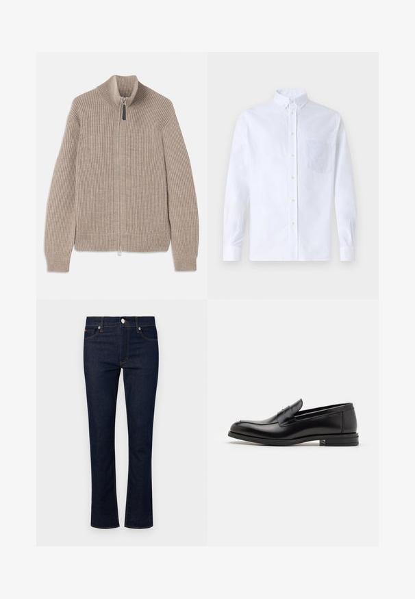 Beżowy sweter zapinany na zamek, wykonany z dzianiny z prążkowaną strukturą, z wysokim kołnierzem i długimi rękawami. Posiada metalowy zamek błyskawiczny i brak dodatkowych wzorów.; Biała koszula z długim rękawem na guziki, wykonana z bawełny, z kieszonką na piersi z tonowym haftem, kołnierzykiem i zapięciem na guziki przy mankietach.; Jeans denim w ciemnoniebieskim odcieniu, prostym kroju, pięcioma kieszeniami i kontrastowym przeszyciem. Posiadają zapięcie na guzik z przodu.; Czarne skórzane mokasyny o gładkiej fakturze, zaokrąglonym nosku i dekoracyjnym pasku na przodzie. Niski, warstwowy obcas, minimalistyczny design.