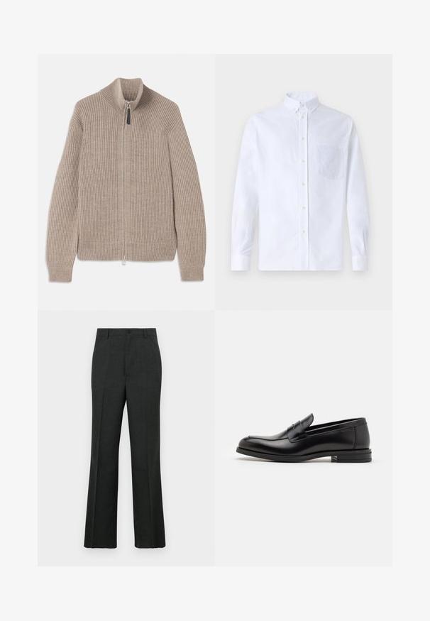 Beige strikket zip-up sweater med ribbet tekstur, høj krave og lange ærmer. Har en metallisk lynlås og ingen yderligere mønstre.; Hvid langærmet skjorte med knapper lavet af bomuld, med en brystlomme med tonal broderi, krave og knapmanchetter.; Mørkegrå skræddersyede bukser med lige snit, der har knaplukning, forlommer og en subtil tekstureret stof.; Sorte læderloafers med en glat overflade, rund tå og en dekorativ strop over vampen. Lav hæl med stabeldesign, minimalistisk stil.