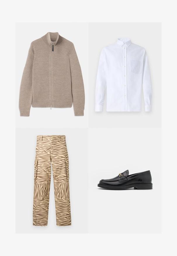 Beige strikket zip-up sweater med ribbet tekstur, høj krave og lange ærmer. Har en metallisk lynlås og ingen yderligere mønstre.; Hvid langærmet skjorte med knapper lavet af bomuld, med en brystlomme med tonal broderi, krave og knapmanchetter.; Cargo bukser i et tan- og creamfarvet zebra-print. Funktioner inkluderer lige ben, to sidelommer og en knaplukning med metalaccenter.; Sorte læder loafers med en rund tå, der har guld hardware accent og syningsdetaljer, placeret på en lav, tekstureret gummisål.
