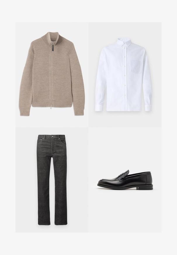 Pull zip en maille beige avec texture côtelée, col haut et manches longues. Doté d'une fermeture éclair métallique et sans motifs supplémentaires.; Chemise blanche à manches longues avec boutons en coton, présentant une poche poitrine avec broderie ton sur ton, un col et des poignets boutonnés.; Jean droit en velours côtelé noir avec poches avant et arrière, passants de ceinture et fermeture à bouton sur fond blanc.; Mocassins en cuir noir avec une texture lisse, bout rond et une sangle décorative sur le dessus. Talon bas empilé, design minimaliste.