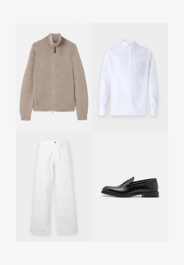 Beige stickad ziptröja med ribbat mönster, hög krage och långa ärmar. Har en metallisk dragkedja och inga ytterligare mönster.; Vit långärmad skjorta med knappar, tillverkad av bomull, med en bröstficka med ton-i-ton broderi, krage och knappmanchetter.; Vita denimbyxor med rak bendesign, som har två fickor fram och en knappstängning. Slät textur med en något urtvättad finish.; Svarta läderloafers med en slät yta, rund tå och ett dekorativt band över främre delen. Låg staplad klack, minimalistisk design.