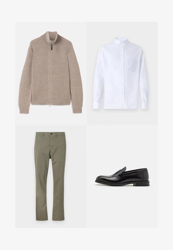Beige knitted zip-up sweater with ribbed texture, high collar, and long sleeves. Features a metallic zipper and no additional patterns.; White long-sleeve button-up shirt made of cotton, featuring a chest pocket with tonal embroidery, a collar, and button cuffs.; Olive green pants made of cotton blend fabric, featuring a zip fly, button closure, and side pockets. Straight leg design with smooth texture.; Black leather loafers with a smooth texture, rounded toe, and a decorative strap across the vamp. Low stacked heel, minimalist design.