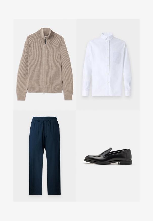 Maglione beige in maglia con zip, texture a coste, colletto alto e maniche lunghe. Presenta una zip metallica e nessun motivo aggiuntivo.; Camicia bianca a maniche lunghe con bottoni, realizzata in cotone, caratterizzata da una tasca sul petto con ricamo tonale, colletto e polsini con bottoni.; Pantaloni blu navy in misto cotone con vita elastica, design a gamba dritta, tasche laterali e tessuto liscio.; Mocassini neri in pelle con una texture liscia, punta arrotondata e una striscia decorativa sulla tomaia. Tacco basso impilato, design minimalista.