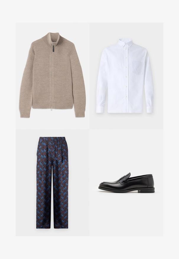 Beige kötött zipzáras pulóver bordás textúrával, magas nyakkal és hosszú ujjal. Fémzipzárral rendelkezik, és nincs rajta további minta.; Fehér, hosszú ujjú, gombos ing pamutból, mellzsebbel, tónusos hímzéssel, gallérral és gombos mandzsettával.; Sötét színű, széles lábú nadrág, szőtt kék mintázattal. Rugalmas derékpánt a kényelem érdekében. Simás textúra geometrikus részletekkel.; Fekete bőr loaferek sima textúrával, kerek orral és dekoratív pánttal a vampnál. Alacsony, rétegelt sarkú, minimalista dizájn.