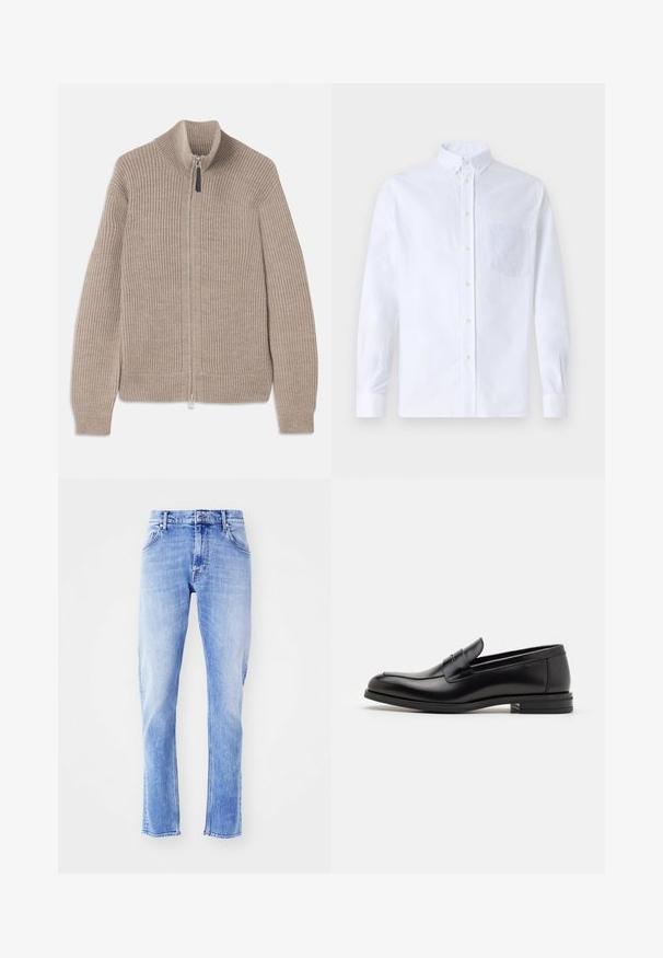 Bežinė megzta užtrauktuku užsegama megztinė, su raukšlėta tekstūra, aukštu apykaklės ir ilgomis rankovėmis. Sukurta su metaliniu užtrauktuku ir be papildomų raštų.; Balta ilga rankovė mygtukų marškiniai, pagaminti iš medvilnės, su krūtine kišene ir toniniu siuvinėjimu, apykakle ir mygtukų apvadu.; Šviesiai mėlyni džinsai tiesaus kirpimo, pagaminti iš džinsinio audinio. Su diržo kilpomis, penkių kišenių dizainu ir nelygiais kraštais.; Juodos odinės loafers, turinčios lygų paviršių, apvalią noselę ir dekoratyvinę juostą per priekinę dalį. Žemas krentantis kulnas, minimalistinis dizainas.