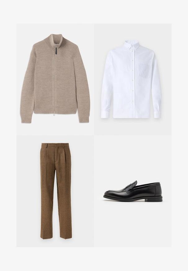 Bež kudumatega tõmblukuga sviitri, millel on ribade struktuur, kõrge krae ja pikad varrukad. Omab metallist tõmblukku ja ei sisalda lisamustreid.; Valge pikamaa varrukatega nööbiga särk, mis on valmistatud puuvillast ja millel on rinna tasku toon-toonis brodeeringuga, krae ja nööbiga mansetid.; Pruunil ruudulisel lõhul vabalt langevad püksid, millel on ees voldid, siledakvaliteediline kangas ja sirge säärekujundus.; Mustad mustad nahast loafers sileda tekstuuriga, ümarat ninaosa ja dekoratiivne riba vampi üle. Madal kihiline konts, minimalistlik disain.