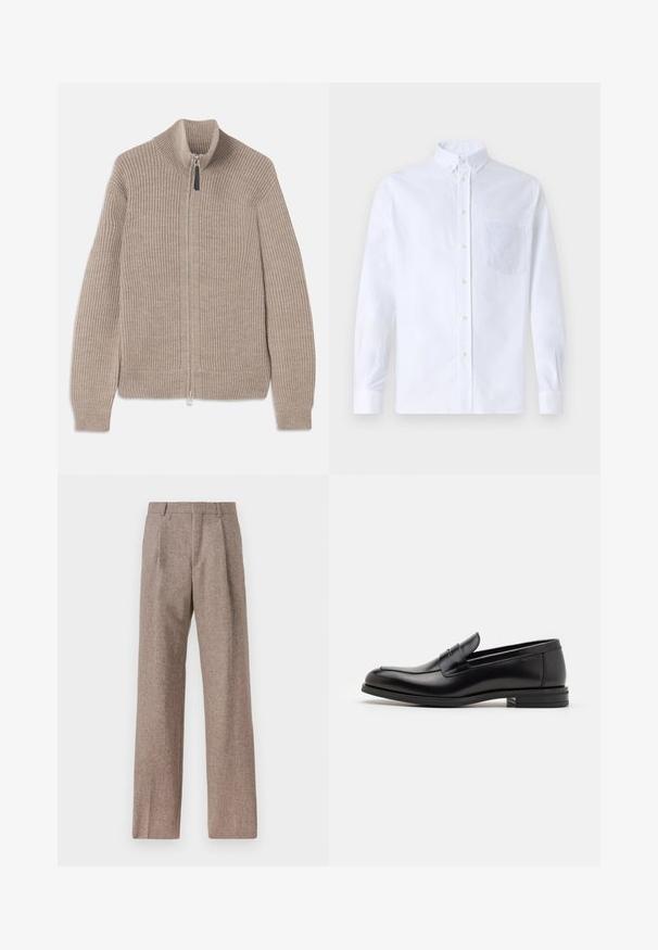 Beige knitted zip-up sweater with ribbed texture, high collar, and long sleeves. Features a metallic zipper and no additional patterns.; White long-sleeve button-up shirt made of cotton, featuring a chest pocket with tonal embroidery, a collar, and button cuffs.; Brown, high-waisted trousers made of textured fabric. Features wide legs and two front pleats for structure. Neat finish with no visible hardware.; Black leather loafers with a smooth texture, rounded toe, and a decorative strap across the vamp. Low stacked heel, minimalist design.