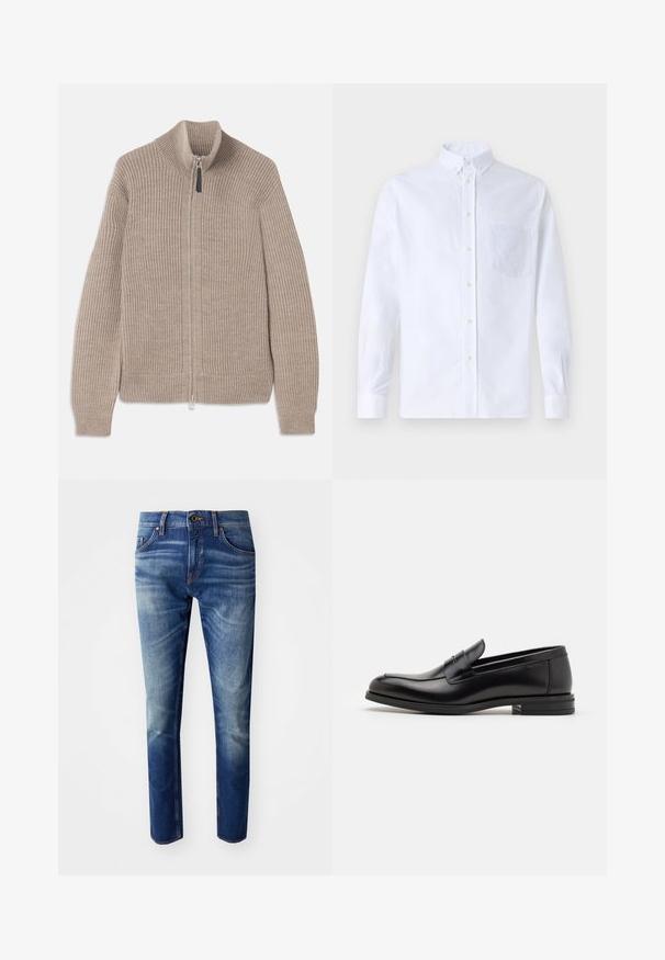 Bežna pletena jopica z zadrgo, ribasto teksturo, visokim ovratnikom in dolgimi rokavi. Ima kovinsko zadrgo in brez dodatnih vzorcev.; Bela dolgo rukava srajca s kragnico, izdelana iz bombaža, z žepom na prsih in toniranimi vezeninami ter gumbi na manšetah.; Slim fit jeans iz denimom v srednje do temno modri prani. Imajo pet žepov, gumbasto zapiranje in rahlo zbledela mesta vzdolž stegnenic.; Črne usnjene loafer čevlje z gladko teksturo, zaobljenim nosom in dekorativnim trakom čez zgornji del. Nizka zložena peta, minimalističen dizajn.