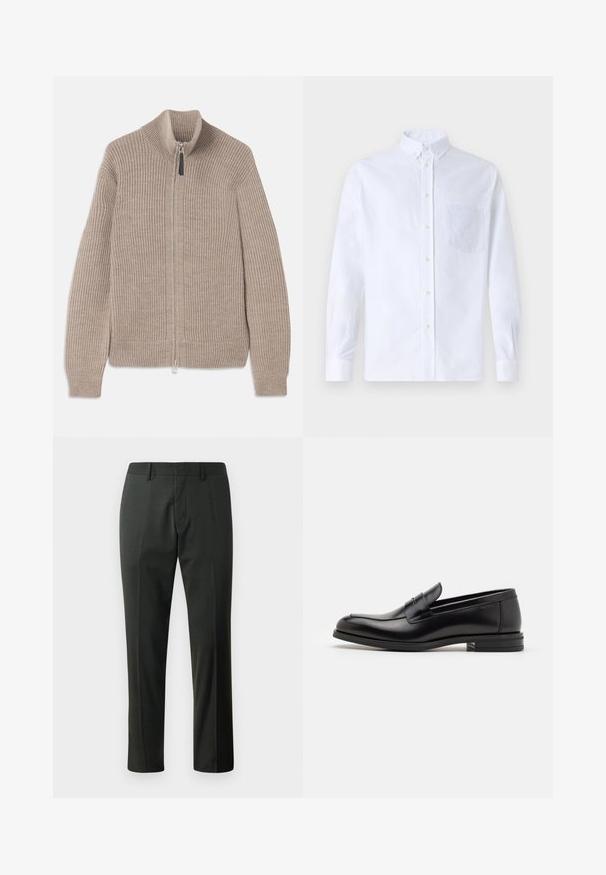 Bežna pletena jopica z zadrgo, ribasto teksturo, visokim ovratnikom in dolgimi rokavi. Ima kovinsko zadrgo in brez dodatnih vzorcev.; Bela dolgo rukava srajca s kragnico, izdelana iz bombaža, z žepom na prsih in toniranimi vezeninami ter gumbi na manšetah.; Hlače iz temno sive tkanine, z ravnimi nogami, ravnim sprednjim delom in zankami za pas. Gladka tekstura z rahlim vzorcem tkanja.; Črne usnjene loafer čevlje z gladko teksturo, zaobljenim nosom in dekorativnim trakom čez zgornji del. Nizka zložena peta, minimalističen dizajn.