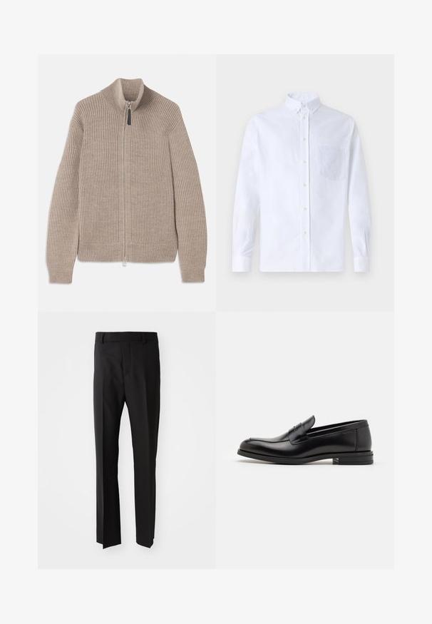 Beige gestrickter Reißverschluss-Pullover mit gerippter Textur, hohem Kragen und langen Ärmeln. Verfügt über einen metallischen Reißverschluss und keine weiteren Muster.; Weißes Langarm-Hemd mit Knöpfen aus Baumwolle, ausgestattet mit einer Brusttasche mit tonalem Stickerei, einem Kragen und Knopfmanschetten.; Schwarze Hose mit geradem Schnitt, aus glattem Stoff gefertigt, mit Gürtelschlaufenbund und Seitentaschen. Keine sichtbaren Muster oder Akzente.; Schwarze Lederloafers mit glatter Textur, rundem Zehenbereich und einem dekorativen Riemen über dem Vorderfuß. Niedriger, gestapelter Absatz, minimalistisches Design.