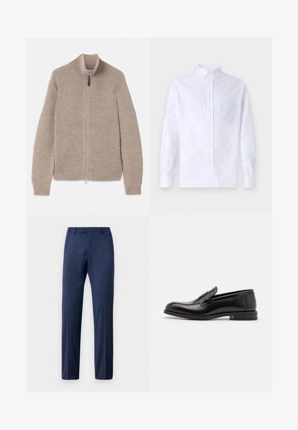 Beżowy sweter zapinany na zamek, wykonany z dzianiny z prążkowaną strukturą, z wysokim kołnierzem i długimi rękawami. Posiada metalowy zamek błyskawiczny i brak dodatkowych wzorów.; Biała koszula z długim rękawem na guziki, wykonana z bawełny, z kieszonką na piersi z tonowym haftem, kołnierzykiem i zapięciem na guziki przy mankietach.; Męskie spodnie garniturowe w kolorze granatowym, z paskiem i z przodem na zamek, wyeksponowane na białym tle.; Czarne skórzane mokasyny o gładkiej fakturze, zaokrąglonym nosku i dekoracyjnym pasku na przodzie. Niski, warstwowy obcas, minimalistyczny design.
