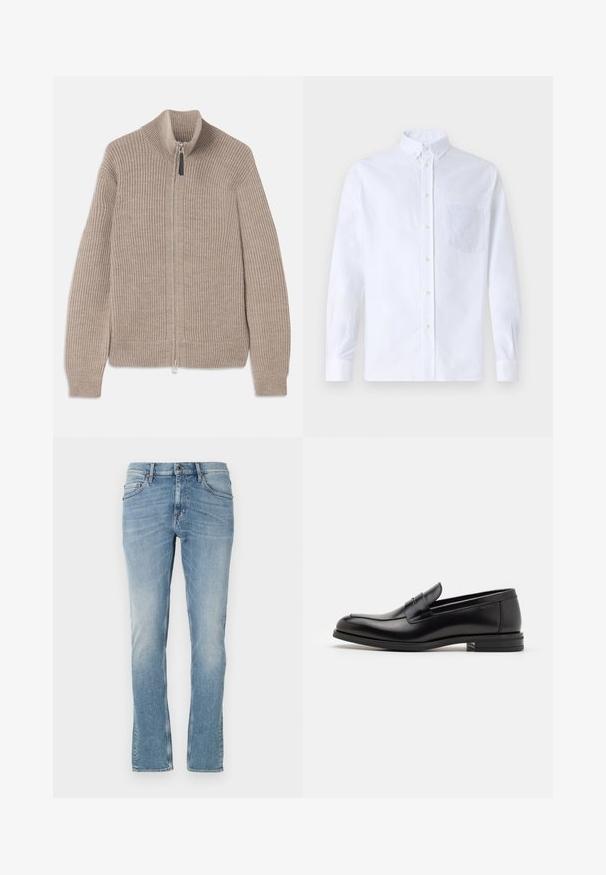 Bež pleteni dukserica sa patentnim zatvaračem, rebrastom teksturom, visokim ovratnikom i dugim rukavima. Ima metalni patentni zatvarač i nema dodatnih uzoraka.; Bijela košulja s dugim rukavima na dugme, izrađena od pamuka, s džepom na prsima s ton-sur-ton vezom, ovratnikom i dugmadi na manžetama.; Svijetloplave traperice ravnog kroja, s pet džepova, petljama za remen i kontrastnim šavovima. Ispucana područja oko bedara.; Crni kožni mokasini s glatkom teksturom, zaobljenim prstima i ukrasnom trakom preko prednjeg dijela. Niski slojeviti potplat, minimalistički dizajn.