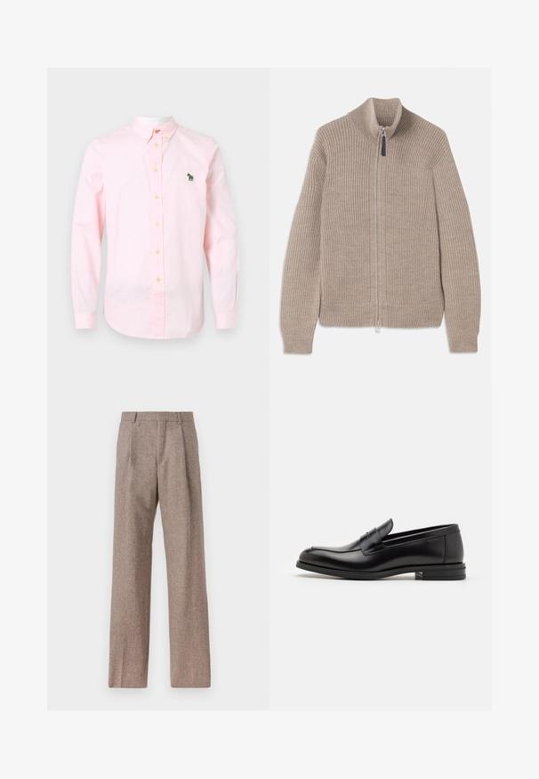 Beige stickad ziptröja med ribbat mönster, hög krage och långa ärmar. Har en metallisk dragkedja och inga ytterligare mönster.; Ljusrosa långärmad skjorta med knäppning, tillverkad av bomull. Har en krage och en grön broderad elefantlogotyp på vänster bröst.; Bruna, högmidjade byxor i texturerat tyg. Har vida ben och två framvikningar för struktur. Välavslutad utan synlig hårdvara.; Svarta läderloafers med en slät yta, rund tå och ett dekorativt band över främre delen. Låg staplad klack, minimalistisk design.