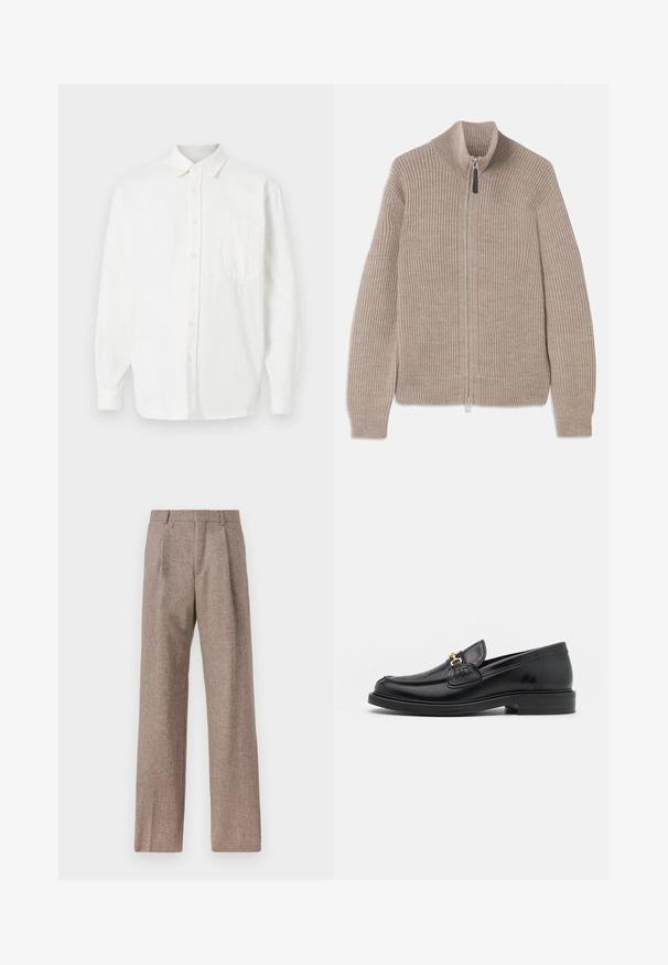 Beige stickad ziptröja med ribbat mönster, hög krage och långa ärmar. Har en metallisk dragkedja och inga ytterligare mönster.; Vit skjorta med knappar, featuring en bröstficka, krage, långa ärmar och en mjuk tygstruktur. Enkel och klassisk design.; Bruna, högmidjade byxor i texturerat tyg. Har vida ben och två framvikningar för struktur. Välavslutad utan synlig hårdvara.; Svarta läderloafers med rund tå, prydda med guldfärgad detalj och sömnadsdetaljer, placerade på en låg, texturerad gummisula.